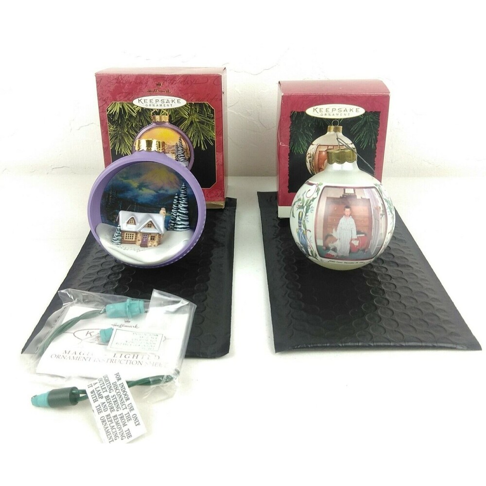 Lot of 2 Hallmark Ornaments Kinkade The Warmth of Home & Rockwell Sentiment
